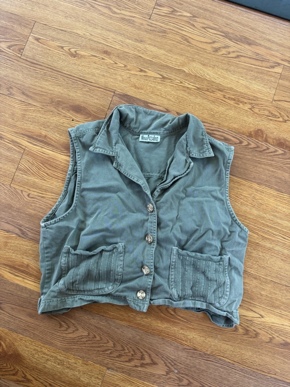Nina Piccalino Washed Olive Green Button-Up Crop Vest
